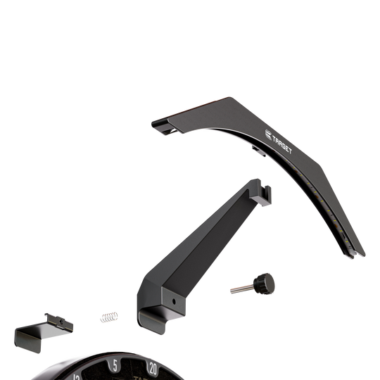 Osvětlení terče Target ARC V2 Das Bild zeigt die einzelnen Teile des Produkts „Target ARC V2 Dartboard Beleuchtung“. Die Bauteile sind übersichtlich dargestellt und werden später zu einer Beleuchtung für ein Dartboard zusammengesetzt.