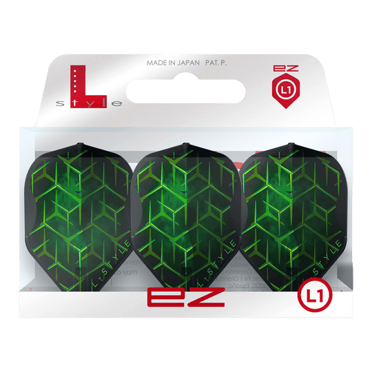 Letky L-Style Lukas Wenig V1 Black L1EZ Zwei L-Style Lukas Wenig V1 Black L1EZ Flights liegen nebeneinander auf weißem Hintergrund. Die Flächen- und Kantengeometrie wird dargestellt.