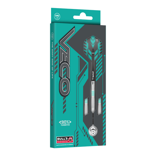 Die Abbildung zeigt die Verpackung der "Bulls Veco V3 Softdarts". Die Box ist türkis und grau gestaltet und hebt hervor, dass die Darts aus 90% Tungsten bestehen.