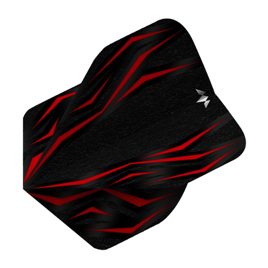 Auf dem Bild ist das Produkt Mission Lava Red No6 Flights zu sehen. Es handelt sich um rote Flights für Darts.