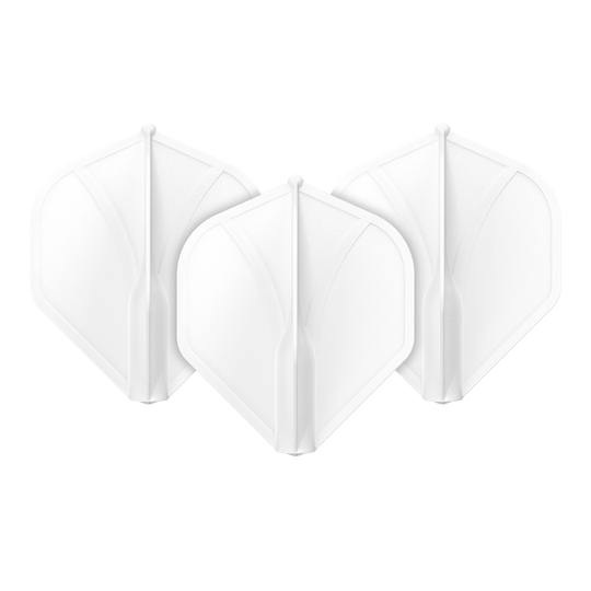 Standardní letky Shot Airfoil Molded No2 Das Bild zeigt drei weiße Dart-Flights in einer Reihe. Sie haben eine geformte, stabile Struktur und sind identisch.
