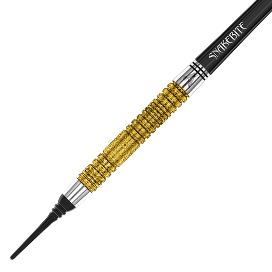 Šipky Red Dragon Peter Wright Double World Champion SE Gold Plus Softdarts - 20g Das Bild zeigt einen goldfarbenen Softdartpfeil mit schwarzer Spitze und dem Schriftzug "Snakebite" auf dem Schaft. Es handelt sich um das Modell "Red Dragon Peter Wright Double World Champion SE Gold Plus Softdarts - 20g".