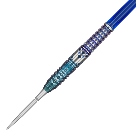 Auf dem Bild ist ein Target Japan Cathy Leung Charis GEN5 SP Steeldart mit 22g zu sehen. Der Dart hat ein auffälliges Design mit blauen und silbernen Akzenten sowie einer detaillierten Griffstruktur.