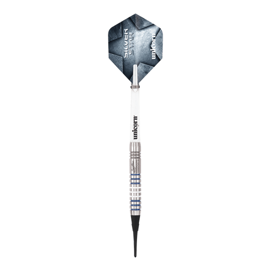 Měkké šipky Unicorn Silver Star Var.3 Gary Anderson Hier sind die Unicorn Silver Star Var.3 Gary Anderson Softdarts zu sehen. Die silbernen Dartpfeile sind detailliert abgebildet.