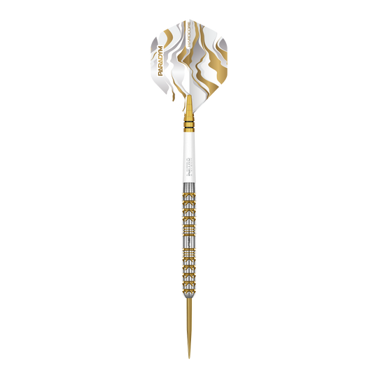 Auf dem Bild sind die Red Dragon Paradym Gold Parallel Steeldarts zu sehen. Diese Steeldarts zeichnen sich durch ihr paralleles Design und goldene Akzente aus.