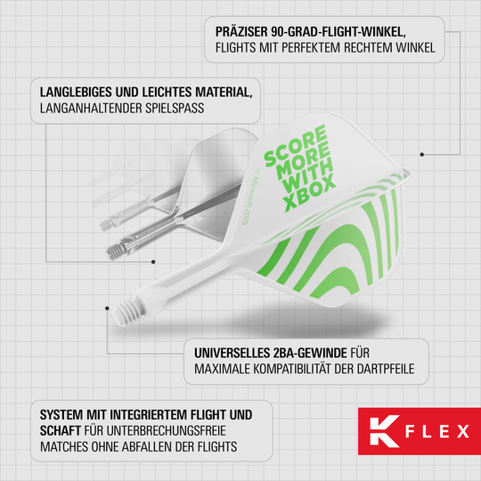 Abgebildet sind die Target Xbox K-Flex No2 Standard Flights in Weiß. Sie sind speziell für Xbox Dartpfeile konzipiert.