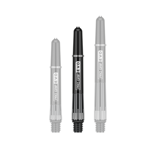Das Bild zeigt drei schwarze Dartschäfte in unterschiedlichen Längen. Auf den Schäften steht "PRO GRIP EVO" in weißer Schrift.