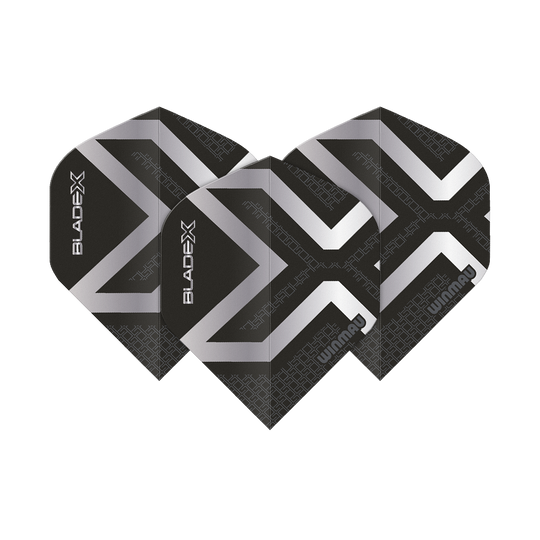 Letky Winmau Prism Delta Blade X Metallic Silver No2 Standard Hier sind die Winmau Prism Delta Blade X Metallic Silver No2 Standard Flights abgebildet. Es handelt sich um silberne Dartflights für präzises Darten.