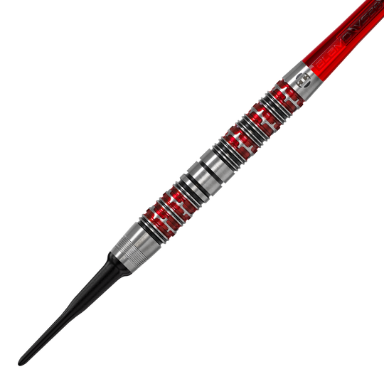 Měkké šipky Harrow's Damon Heta Series 3 Dies ist ein Harrows Damon Heta Series 3 Softdart. Der Dartpfeil hat ein silbernes Griffstück mit roten Akzenten und einer schwarzen Spitze.