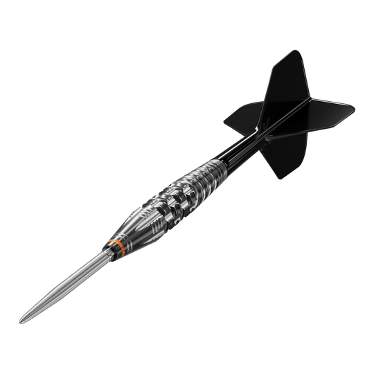 Ocelové šipky Target Japan Black Marque Dancing Duck GEN 4 Das Bild zeigt einen Steeldartpfeil mit schwarzer Spitze und schwarzen Flights, genannt "Target Japan Black Marque Dancing Duck GEN 4 Steeldarts". Der Dartpfeil hat ein silbernes, glänzendes Griffstück mit feinen Rillen und Gravuren.