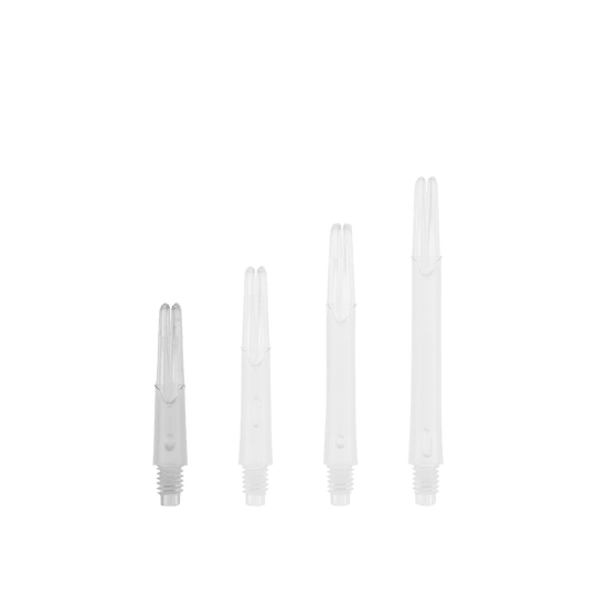 L-L-Style-Shafts Locked Straight - Clear Das Bild zeigt vier durchsichtige, gerade Dartschäfte in unterschiedlichen Längen. Sie sind ohne Kappen nebeneinander angeordnet.