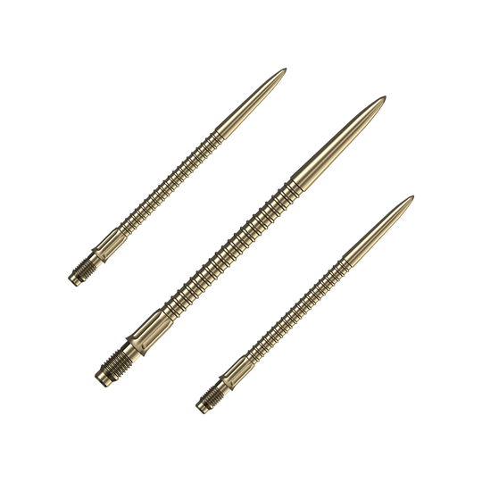 Špičky na šipky Mission R2.5 Rapid Point GV1 - zlaté Das Bild zeigt ein Set goldener Dartspitzen Mission R25 Rapid Point mit einer Länge von 40mm. Die Spitzen liegen nebeneinander auf einer hellen Fläche.