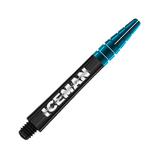 C637_Red_Dragon_Nitrotech_Gerwyn_Price_Shafts_Black_42mm_2llYQftgBj6m6M Das Bild zeigt einen schwarzen Dartshaft mit der Aufschrift „ICEMAN“. Das vordere Ende des Shafts ist transparent blau.