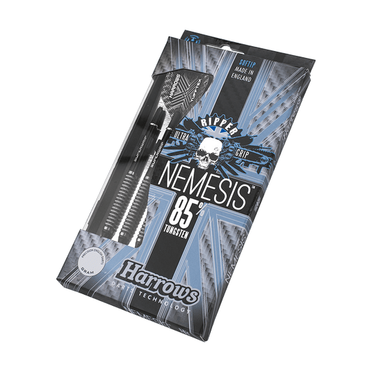 HA06816-Harrows-Nemesis-85-Softdarts-3-4-Plastikbox Auf dem Bild ist eine Verpackung mit Harrows Nemesis Softdarts zu sehen. Die Darts bestehen zu 85 % aus Tungsten und werden in England hergestellt.
