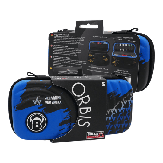 Das Bild zeigt das Produkt "Bulls Orbis S Jermaine Wattimena Dartcase" in blauer und schwarzer Farbe. Die Darttasche ist kompakt und eignet sich zum sicheren Aufbewahren von Dartzubehör.