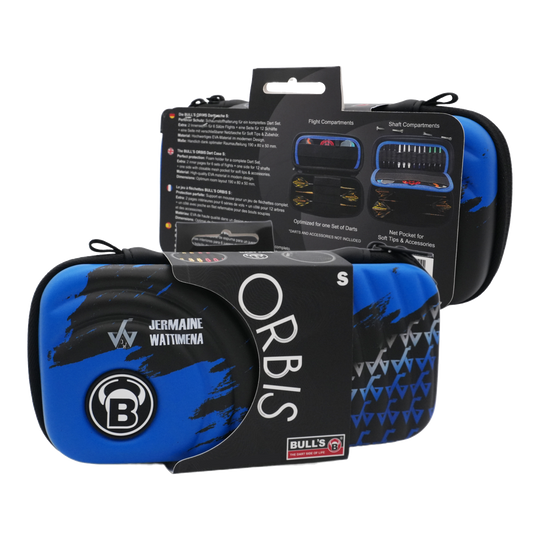 Pouzdro na šipky Bulls Orbis S Jermaine Wattimena Das Bild zeigt das Produkt "Bulls Orbis S Jermaine Wattimena Dartcase" in blauer und schwarzer Farbe. Die Darttasche ist kompakt und eignet sich zum sicheren Aufbewahren von Dartzubehör.
