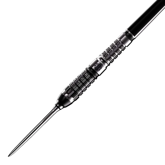 Das Bild zeigt einen Caliburn Sword S5 Steeldart mit einem Gewicht von 23,5g. Der Dartpfeil hat ein elegantes, schwarzes Design und eine strukturierte Griffzone.