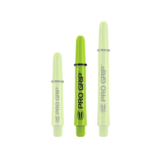 Target Pro Grip Shafts - 3 sady - Lime Green Auf dem Bild sind drei limegrüne Pro Grip Dartschäfte in unterschiedlichen Längen zu sehen. Sie stehen nebeneinander und tragen alle den Schriftzug "PRO GRIP".