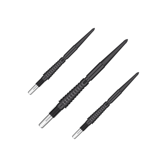 Špičky na šipky Target Swiss Storm LNC - černé Das Bild zeigt drei schwarze Dartspitzen mit silbernen Enden. Sie sind in unterschiedlichen Ausrichtungen auf einem transparenten Hintergrund zu sehen.