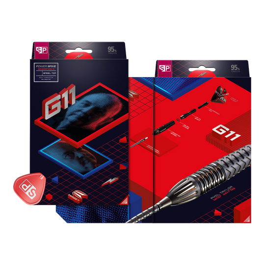 Auf dem Bild sind die Verpackungen der "Target Phil Taylor RAW Power 9Five GEN11 Swiss Point Steeldarts" zu sehen. Die Boxen sind modern gestaltet und zeigen sowohl den Produktnamen als auch ein Abbild des Dartpfeils.