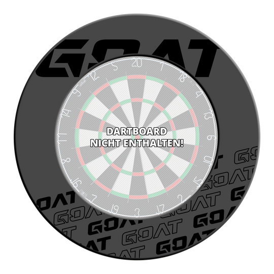 Das Bild zeigt den GOAT Defender 4 Anthrazit Dartboard Surround. In der Mitte steht der Hinweis: "Dartboard nicht enthalten!"