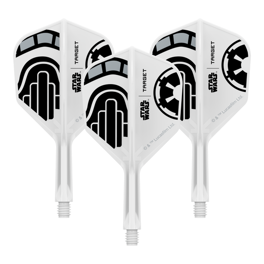 Letky Target Star Wars K-Flex Stormtrooper č. 6 Ein Set von Dart-Flights der Star Wars KFlex Stormtrooper No6 Serie ist dargestellt. Die Flights sind kurz und 19 mm lang.