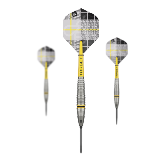 Ocelové šipky Target Scott Williams GEN2 Swiss Point Das Bild zeigt drei Target Scott Williams GEN2 Swiss Point Steeldarts mit silbernen Spitzen und gelben Akzenten. Die Flights haben ein auffälliges, gemustertes Design in Schwarz, Weiß und Gelb.