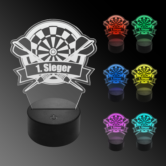 LED plexisklová šipková lampa s vlastním textem Das Bild zeigt eine LED-Lampe in Form eines Dartboards mit der Aufschrift „1. Sieger“. Rechts sind sechs weitere Lampen in verschiedenen Farben zu sehen.