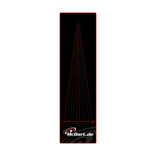McDart Lines Dartteppich Das Bild zeigt einen schwarzen Dartteppich mit roten Linien und dem Logo „McDart.de“ am unteren Rand. Auf dem Teppich ist außerdem die Abwurflinie bei 2,37 m markiert.
