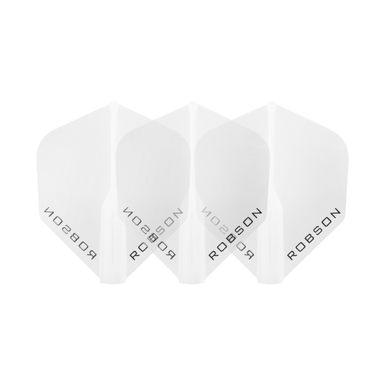 Lety Robson Plus – standardní Das Bild zeigt drei klare Dart-Flights der Marke Robson. Die Flights sind nebeneinander angeordnet und tragen den Schriftzug "ROBSON".