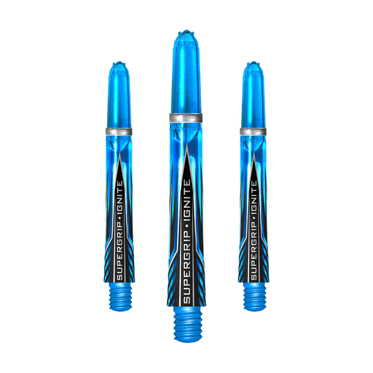 HR387_Harrows_Supergrip_Ignite_Shafts_Aqua_40mm_1jkB8UAa5JHZ2Y Das Bild zeigt drei blaue Harrows Supergrip Ignite Shafts in der Farbe Aqua. Die Schrift "SUPERGRIP IGNITE" ist auf jedem Schaft zu sehen.