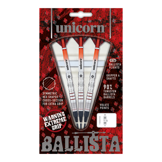 Šipky Unicorn Ballista Style 3 měkké Das Bild zeigt eine Packung "Unicorn Ballista Style 3 Softdarts" mit drei Dartpfeilen. Die Verpackung hebt das symmetrische Hex-Muster für zusätzlichen Grip und 90% Tungsten-Barrels hervor.