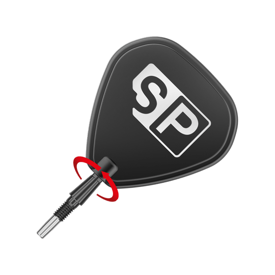 Špičky na šipky Target Swiss Point Storm Surge ocelové - černé Das Bild zeigt eine schwarze Steeldartspitze mit dem weißen Aufdruck "SP". Eine rote Pfeilmarkierung deutet darauf hin, dass die Spitze gedreht oder geschraubt werden kann.
