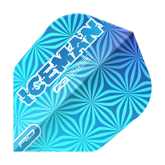 Das Bild zeigt einen blauen Dart-Flight mit einem auffälligen geometrischen Muster. Auf dem Flight steht in weißen Buchstaben das Wort „ICEMAN“ sowie „RD PRO DESIGN“.