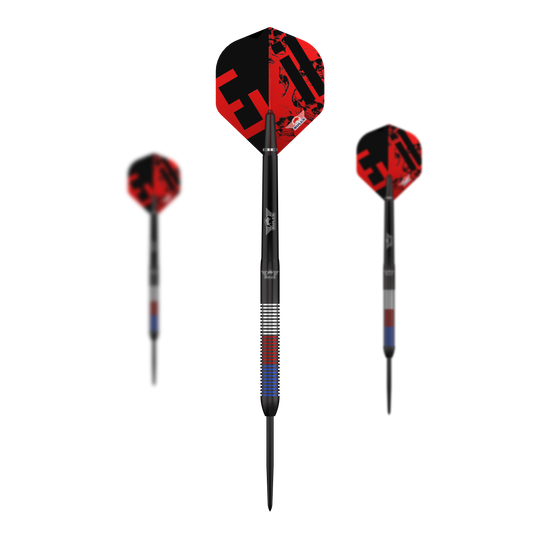 Die Abbildung zeigt die Bulls NL Karel Sedlacek E2 Steeldarts mit 24 Gramm. Der Dart ist deutlich und aus nächster Nähe zu sehen.