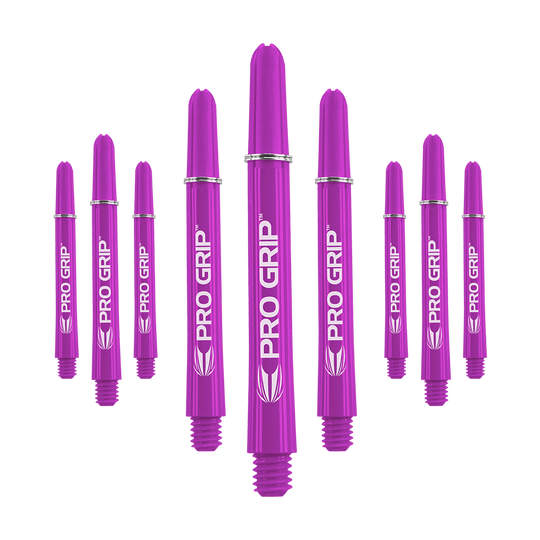 Target Pro Grip Shafts – 3 sady – fialová Das Bild zeigt neun lila Dartschäfte der Marke "Pro Grip". Sie sind in drei Gruppen angeordnet, jeweils drei in der Mitte, links und rechts.