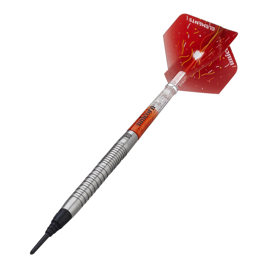 Šipky Unicorn Core XL Striker Style 1 Soft - 19g Das Bild zeigt einen Unicorn Core XL Striker Style 1 Softdart mit 19g Gewicht. Der Dart hat eine silberne, geriffelte Spitze und rote Flights mit einem auffälligen Design.