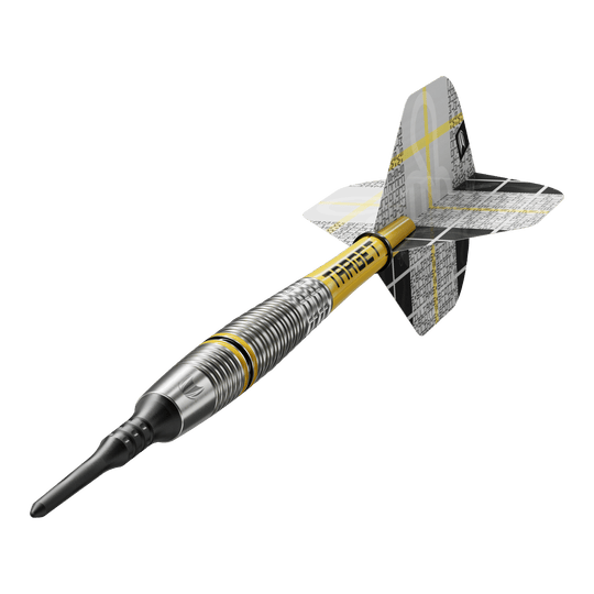 Měkké šipky Target Scott Williams GEN2 - 18g Das Bild zeigt einen Target Scott Williams GEN2 Softdart mit einem Gewicht von 18 Gramm. Der Dart hat ein silbernes Barrel mit gelben Akzenten und einen schwarz-gelben Flight.