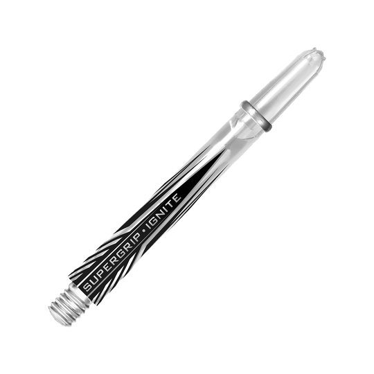 HR394_Harrows_Supergrip_Ignite_Shafts_Clear_47mm_2 Das Bild zeigt einen klaren Harrows Supergrip Ignite Dart-Schaft. Auf dem Schaft ist der Schriftzug "SUPERGRIP IGNITE" zu sehen.