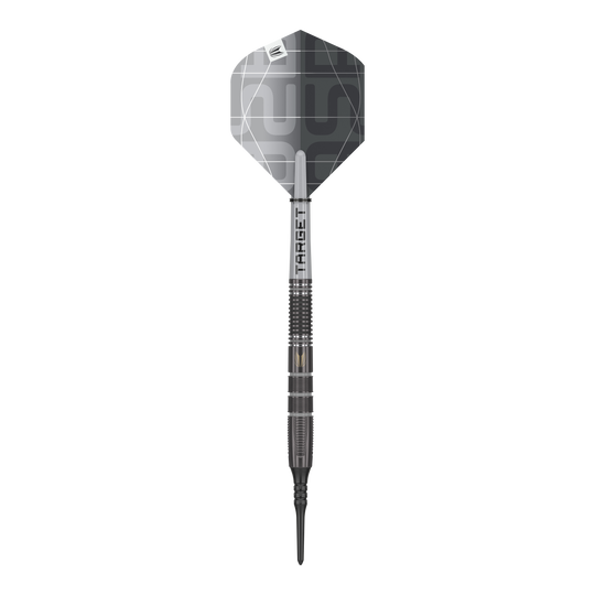 Měkké šipky Target Nathan Aspinall X Echo - 18g Das Bild zeigt einen Target Nathan Aspinall X Echo Softdart mit einem Gewicht von 18g. Der Dartpfeil ist überwiegend in Silber und Schwarz gehalten und hat eine moderne, geometrische Flugfeder.