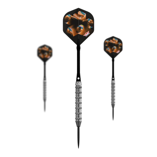 Das Bild zeigt die Bulls NL Chaos Orange Steeldarts mit einem Gewicht von 23g. Drei orangefarbene Steeldarts sind nebeneinander angeordnet.