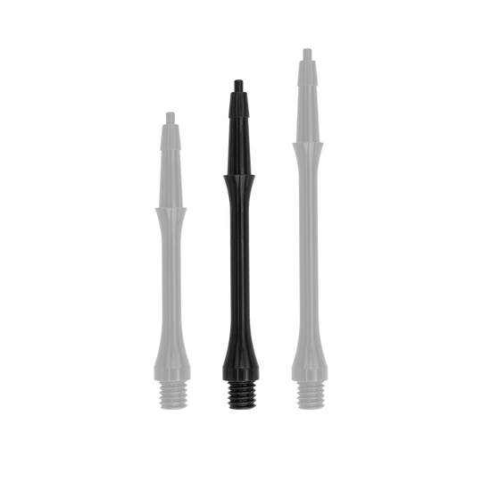 HRC-12596_Harrows_Clic_Slim_Shafts_Black_30mm_1 Das Bild zeigt drei schwarze Harrows Clic Slim Shafts in verschiedenen Längen. Sie werden als Ersatzteile für Dartpfeile verwendet.