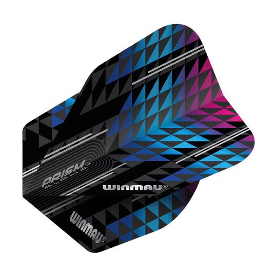 Dies ist ein Winmau Prism Alpha Blau Pink No6 Flight. Das Design zeigt ein modernes geometrisches Muster in Schwarz, Blau und Pink.