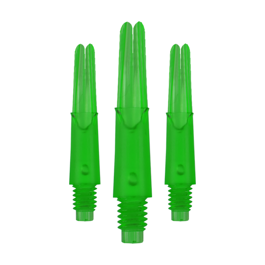 L-L-Style-Shafts Locked Straight - Green Auf dem Bild sind drei grüne Dartschäfte abgebildet. Sie sind gerade und haben ein Schraubgewinde am unteren Ende.