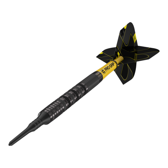 Target Bolide Void 10 měkkých šipek Das Bild zeigt einen Target Bolide Void 10 Softdart. Der Softdart ist schwarz mit gelben Akzenten und hat eine strukturierte Griffzone.
