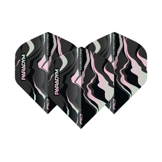 Das Bild zeigt vier Dart-Flights des Modells 'Red Dragon Hardcore Paradym No2 Standard Flights'. Die Flights haben ein abstraktes Muster in Schwarz, Rosa und Grau mit den Aufschriften "PARADYM" und "HARDCORE".