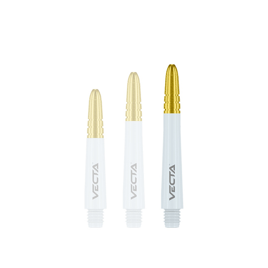Winmau Vecta Shafts - Weiß Gold Auf dem Bild sind drei Dartshafts in Weiß und Gold zu sehen. Sie haben das Wort "VECTA" aufgedruckt und unterscheiden sich in der Länge.