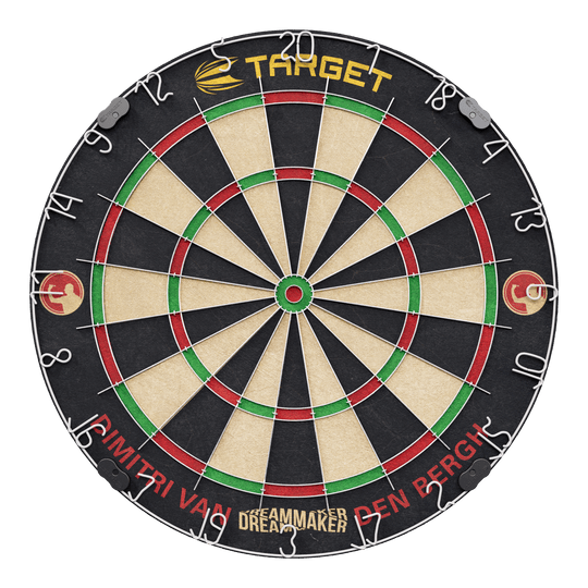 Sada ocelových terčů na terč Dimitri Van Den Bergh Das Bild zeigt eine Steeldartscheibe mit dem Namen "Target Dimitri Van Den Bergh Steeldartboard Set". Am unteren Rand steht der Schriftzug "Dimitri Van Den Bergh" und in der Mitte unten "Dreammaker".