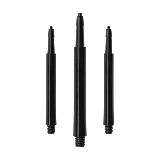 HRC12619_Harrows_Clic_Standard_Shafts_Schwarz_37mm_1 Das Bild zeigt drei schwarze Harrows Clic Standard Shafts für Darts. Sie sind aus Kunststoff und haben am unteren Ende ein Schraubgewinde.