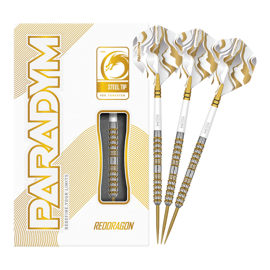 Ocelové šipky Red Dragon Paradym Gold Parallel Abgebildet sind die Red Dragon Paradym Gold Parallel Steeldarts in voller Länge. Diese Steeldarts zeichnen sich durch ein geradliniges und glänzendes Design aus.